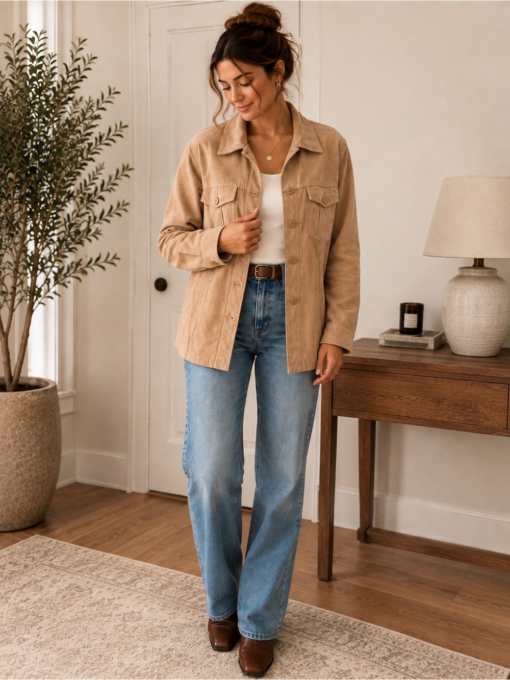 Wilsons Leather Tan Genuine Suede Button Front Jacket Size M Vintage Y2K Unisex